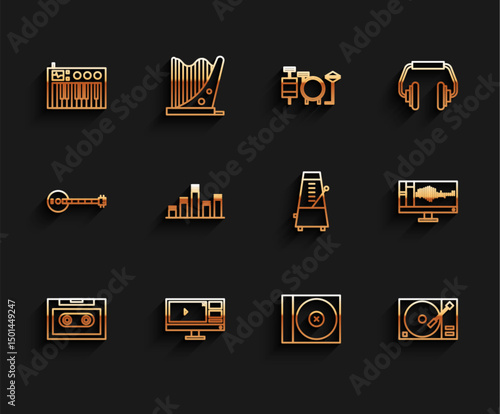 Set line Retro audio cassette tape, Video recorder or editor software on monitor, Music synthesizer, CD DVD disk, Vinyl player with vinyl, equalizer, Sound and Metronome pendulum motion icon. Vector