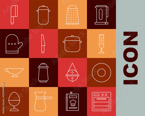 Set line Oven, Plate, Blender, Grater, Knife, glove, Meat chopper and Cooking pot icon. Vector