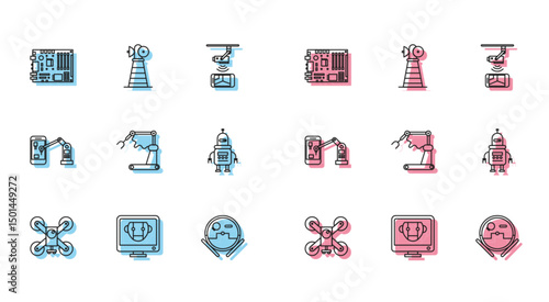 Set line Drone flying with action camera, Electronic computer components motherboard digital chip, Robot vacuum cleaner, Industrial machine robotic robot arm hand factory, and Antenna icon. Vector