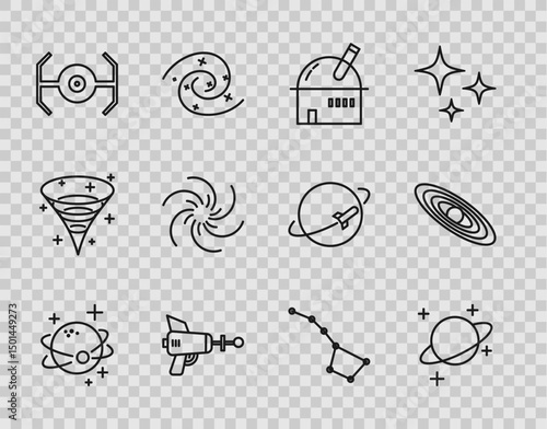 Set line Planet, Astronomical observatory, Ray gun, Cosmic ship, Black hole, Great Bear constellation and icon. Vector