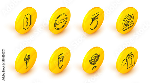 Set line Aftershave bottle with atomizer, Round makeup mirror, Electrical hair clipper shaver, Hand, Makeup powder, Hairdresser pistol spray, Mustache and Blade razor icon. Vector