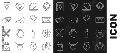 Set line Envelope with 8 March, Flower, Online dating app and chat, Woman shoe, Two Linked Hearts, Book about women and Female gender symbol icon. Vector