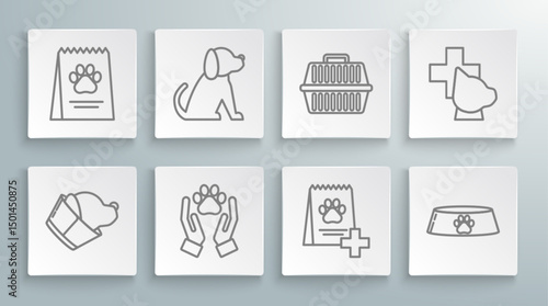 Set line Veterinary clinic symbol, Dog, Hands with animals footprint, Bag of food for dog, Pet bowl cat, carry case, and icon. Vector