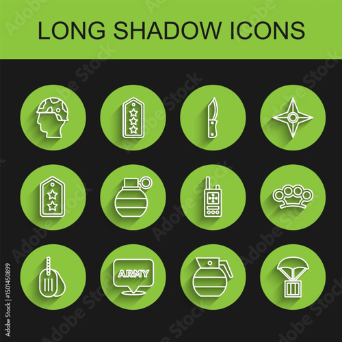 Set line Military dog tag, army, Army soldier, Hand grenade, Airdrop box, Brass knuckles and Walkie talkie icon. Vector