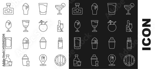 Set line Wooden barrel, Cocktail Bloody Mary, Champagne bottle and glass, Shot, Wine, Glass of beer, Alcohol drink Rum and Coconut cocktail icon. Vector