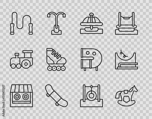 Set line Shooting gallery, Horse saddle swing, Attraction carousel, Skateboard trick, Jump rope, Roller skate, Car tire hanging and park icon. Vector