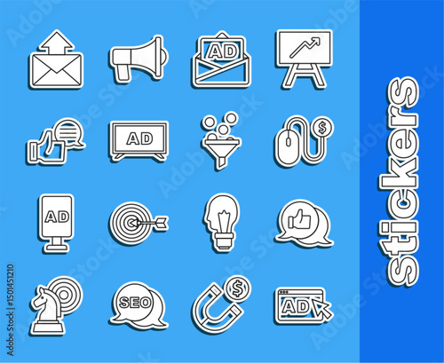 Set line Advertising, Customer product rating, Mail and e-mail and Lead management icon. Vector