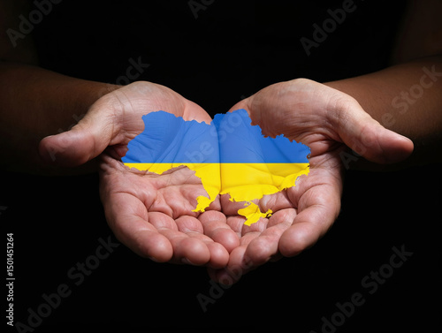 Wallpaper Mural Two hands protecting ukraine map and flag on black background Torontodigital.ca