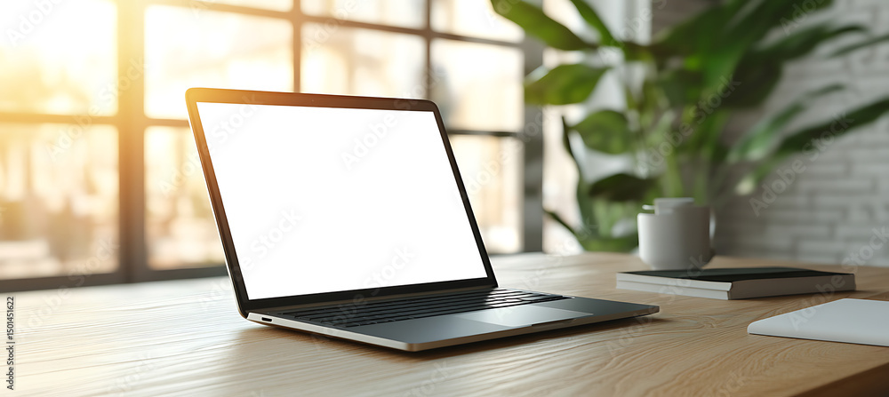 Fototapeta premium Professional Workstation with Wooden Desk and Laptop with Transparent PNG Screen Ready for Design Customization, Business Promotion or Product Advertising