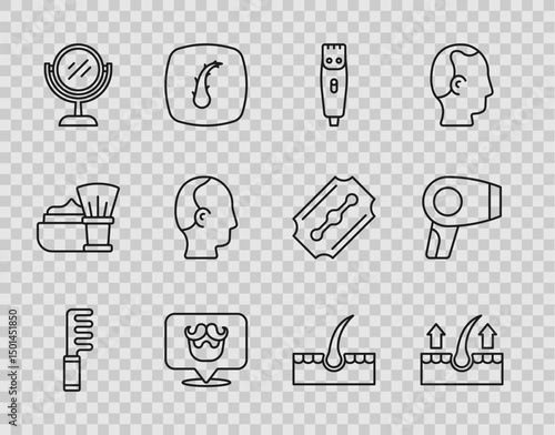 Set line Hairbrush, Human hair follicle, clipper, Barbershop, Hand mirror, Baldness, and dryer icon. Vector