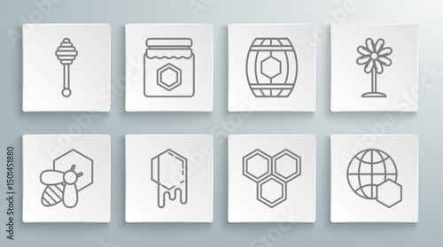 Set line Bee and honeycomb, Jar of, Honeycomb, map the world, Wooden barrel with, Flower and dipper stick icon. Vector