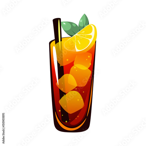 Cocktail Long Island iced tea on a white background.A summer refreshing drink with a slice of lemon, ice cubes and mint.Vector illustration.	