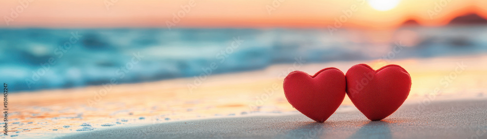 Fototapeta premium Romantic closeup of two red hearts on sandy beach at sunset, reflecting warm colors on water