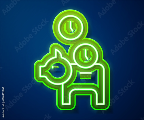 Glowing neon line Piggy bank with coin icon isolated on blue background. Icon saving or accumulation of money, investment. Vector
