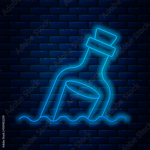 Glowing neon line Glass bottle with a message in water icon isolated on brick wall background. Letter in the bottle. Pirates symbol. Vector