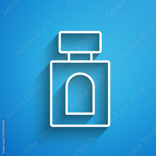 White line Aftershave icon isolated on blue background. Cologne spray icon. Male perfume bottle. Long shadow. Vector