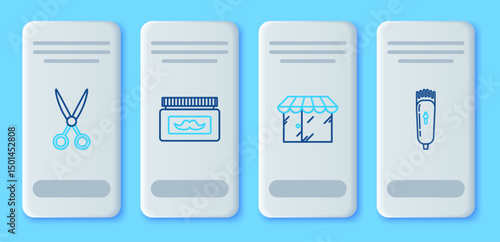 Set line Cream or lotion cosmetic jar, Barbershop building, Scissors hairdresser and Electrical clipper shaver icon. Vector