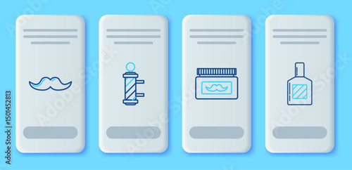 Set line Classic Barber shop pole, Cream or lotion cosmetic jar, Mustache and Aftershave icon. Vector