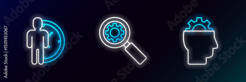 Set line Human with gear inside, Time Management and Magnifying glass and icon. Glowing neon. Vector