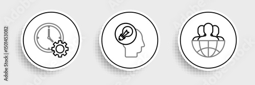 Set line Globe and people, Time Management and Human head with lamp bulb icon. Vector