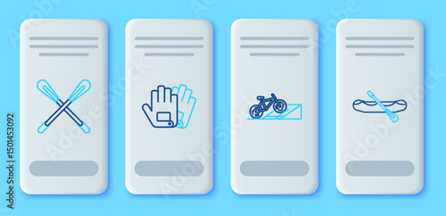 Set line Gloves, Bicycle on street ramp, Crossed paddle and Rafting boat icon. Vector