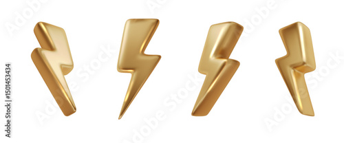 3D golden lightning bolt icon. Electric thunder symbol of energy, voltage, and danger. Glossy metallic gold thunderbolt isolated on white.