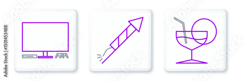 Set line Martini glass, Video game console and Firework rocket icon. Vector