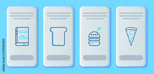 Set line Bread toast, Burger, Cookbook and Slice of pizza icon. Vector