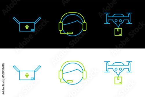 Set line Delivery drone with the package, Cardboard box traffic symbol and Support operator in touch icon. Vector