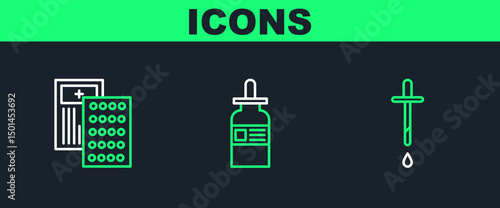 Set line Pipette, Pills in blister pack and Glass bottle with pipette icon. Vector