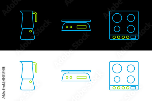 Set line Gas stove, Moka pot and Electronic scales icon. Vector