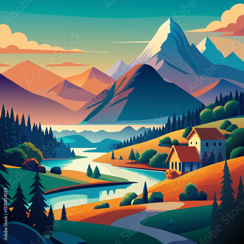 Serene River Valley Landscape. Picturesque Houses nestled amidst majestic mountains and a tranquil river