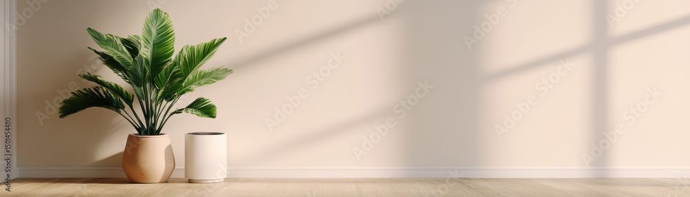 Fototapeta premium Sleek white air purifier next to green potted plant in bright, minimalistic room with natural light