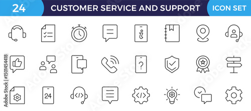 Customer Service and Support - Outline Icon Collection.Thin-line modern style of customer service icons: feedback, technical support, assistance, information, and more. Editable stroke outline icon.