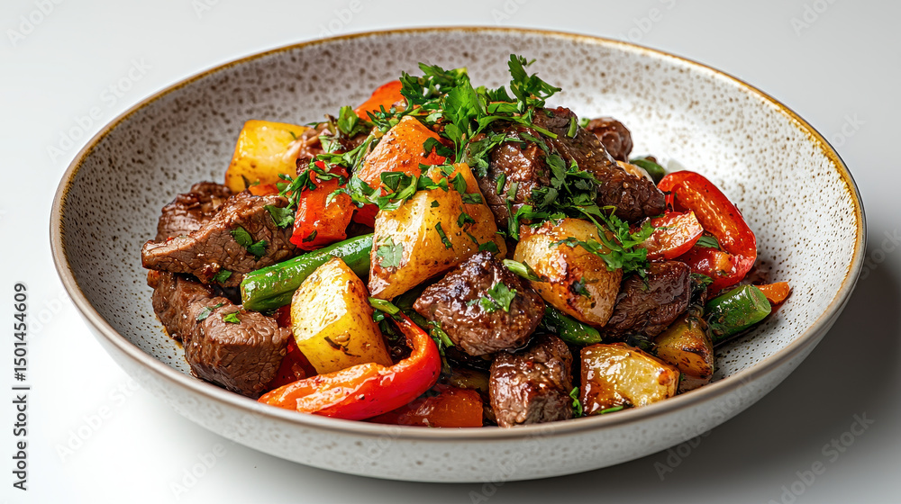 Delicious beef stir fry with colorful vegetables, including bell peppers, potatoes, and green beans, garnished with fresh herbs Delicious beef stir fry with colorful vegetables, including bell peppers, potatoes, and green beans, garnished with fresh herbs