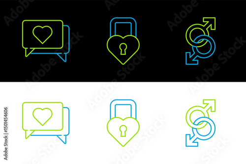 Set line Male gender symbol, Like and heart and Castle in the shape of icon. Vector