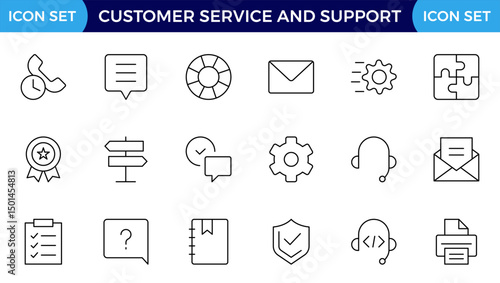 Customer Service and Support - Outline Icon Collection.Thin-line modern style of customer service icons: feedback, technical support, assistance, information, and more. Editable stroke outline icon.