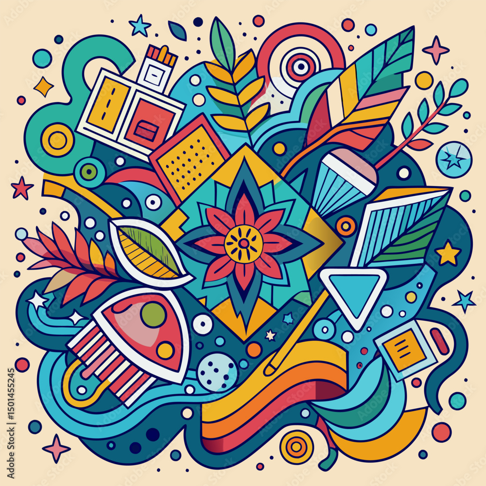 Vibrant Abstract Doodle Art. Geometric Shapes and Floral Patterns