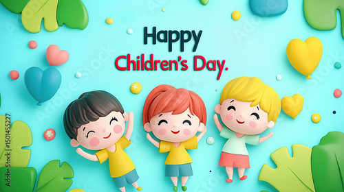 Happy Children’s Day flat vector illustration with joyful kids playing, dancing, and laughing in a garden under blue sky and clouds, surrounded by green plants and festive colors. Happy Children’s Da