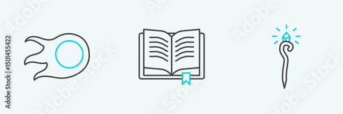 Set line Magic staff, Fireball and Ancient magic book icon. Vector
