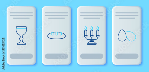 Set line Bread loaf, Candelabrum with candlesticks, Wine glass and Easter eggs icon. Vector