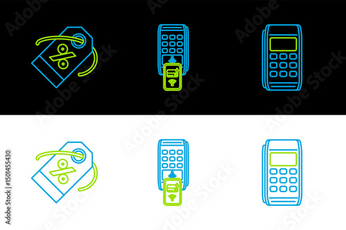 Set line Pos terminal, Discount percent tag and POS with printed reciept and confirms the payment by smartphone icon. Vector