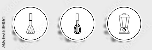 Set line Blender, Spatula and Kitchen whisk icon. Vector