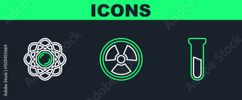 Set line Test tube and flask, Atom and Radioactive icon. Vector