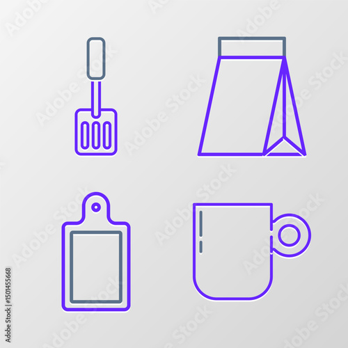 Set line Coffee cup, Cutting board, Bag coffee beans and Spatula icon. Vector