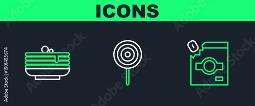 Set line Candy packaging for sweets, Stack of pancakes and Lollipop icon. Vector