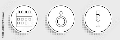 Set line Glass of champagne, Calendar and Male gender symbol icon. Vector