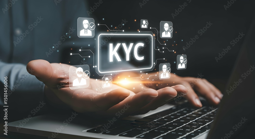 KYC, know your customer with business verifying the identity. Increase financial security and access personal financial data. Businessman showing KYC icon on virtual screen. KYC, know your customer with business verifying the identity. Increase financial security and access personal financial data. Businessman showing KYC icon on virtual screen.