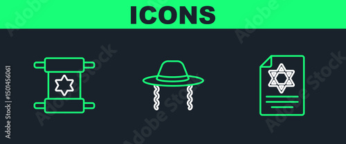 Set line Torah scroll, and Orthodox jewish hat icon. Vector