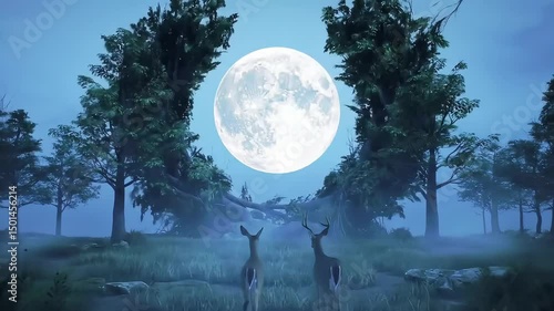 Deer in forest at night with moon